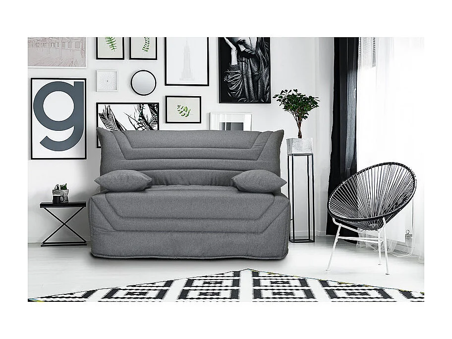 Banquette lit BZ 140x190 cm en tissu gris et matelas 12 cm - CYRIAC