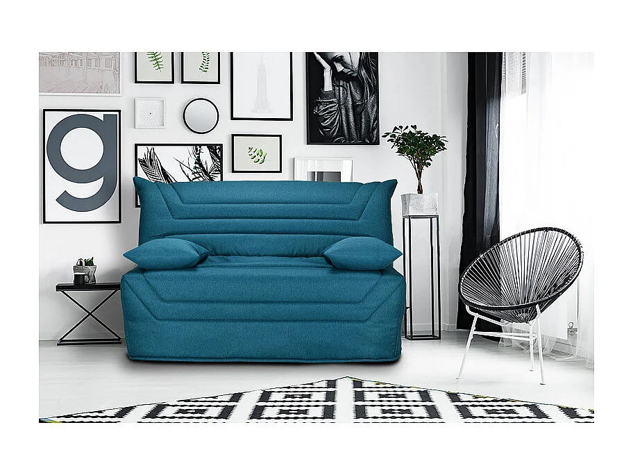 Banquette lit BZ 140x190 cm en tissu bleu et matelas 12 cm - CYRIAC