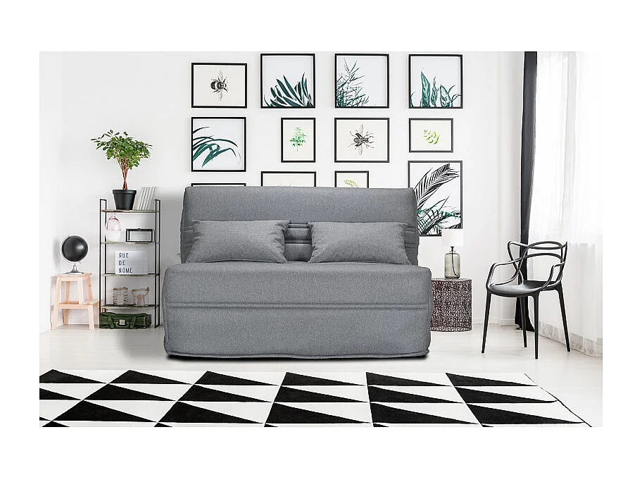 Banquette lit BZ 140x200 cm en tissu gris et matelas 15 cm - ANATOLE