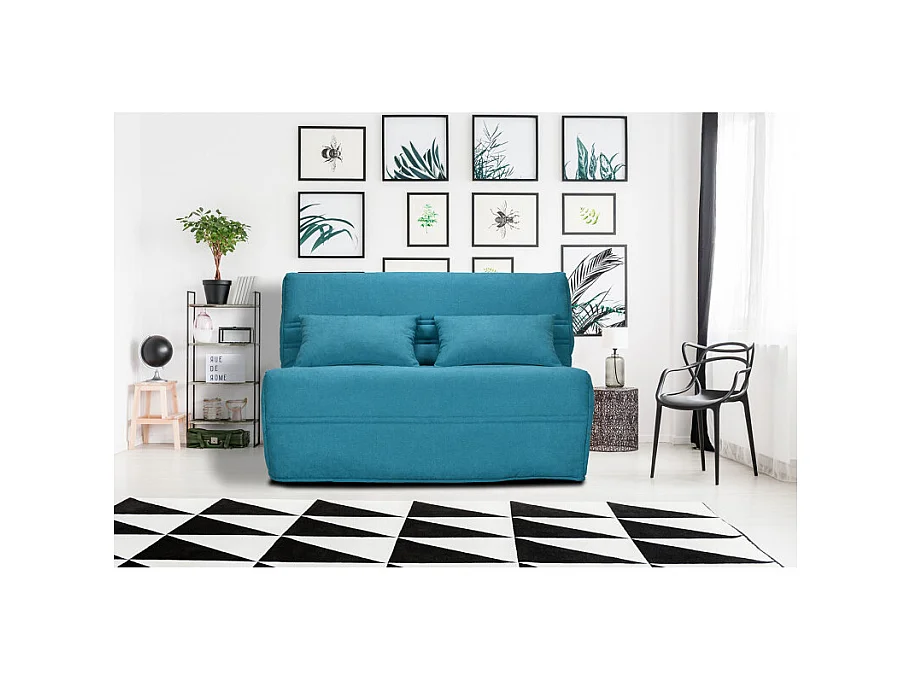 Banquette lit BZ 140x200 cm en tissu bleu et matelas 15 cm - ANATOLE