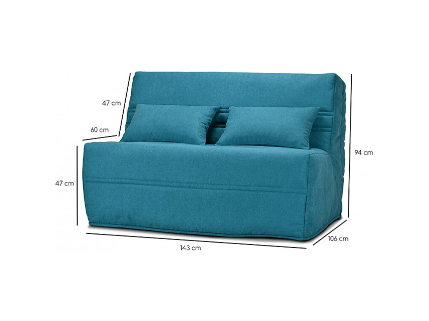 Banquette lit BZ 140x200 cm en tissu bleu et matelas 15 cm - ANATOLE