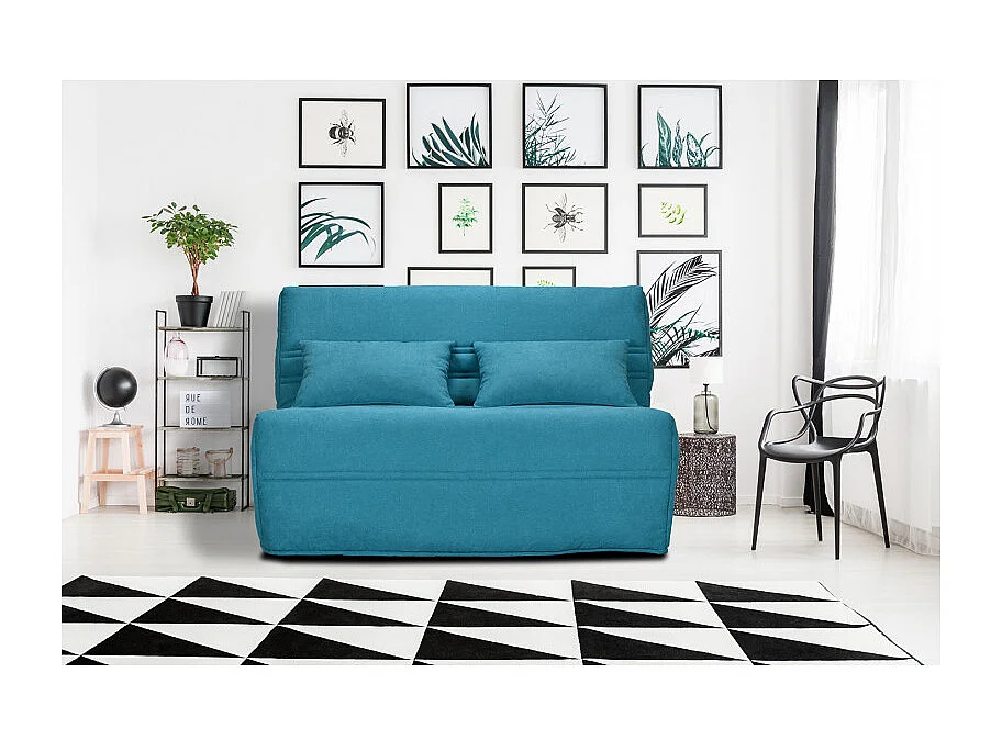 Banquette lit BZ 140x200 cm en tissu bleu et matelas 15 cm - ANATOLE