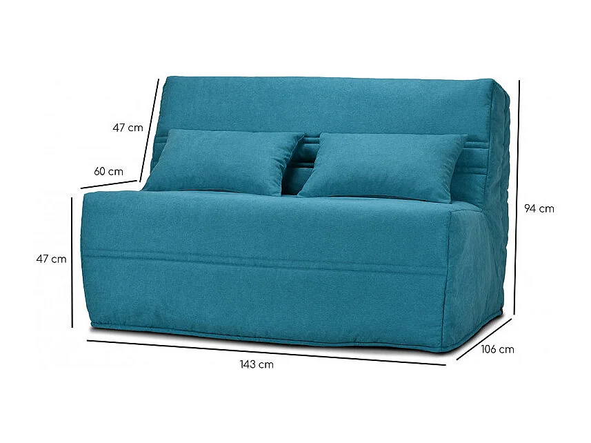 Banquette lit BZ 140x200 cm en tissu bleu et matelas 15 cm - ANATOLE