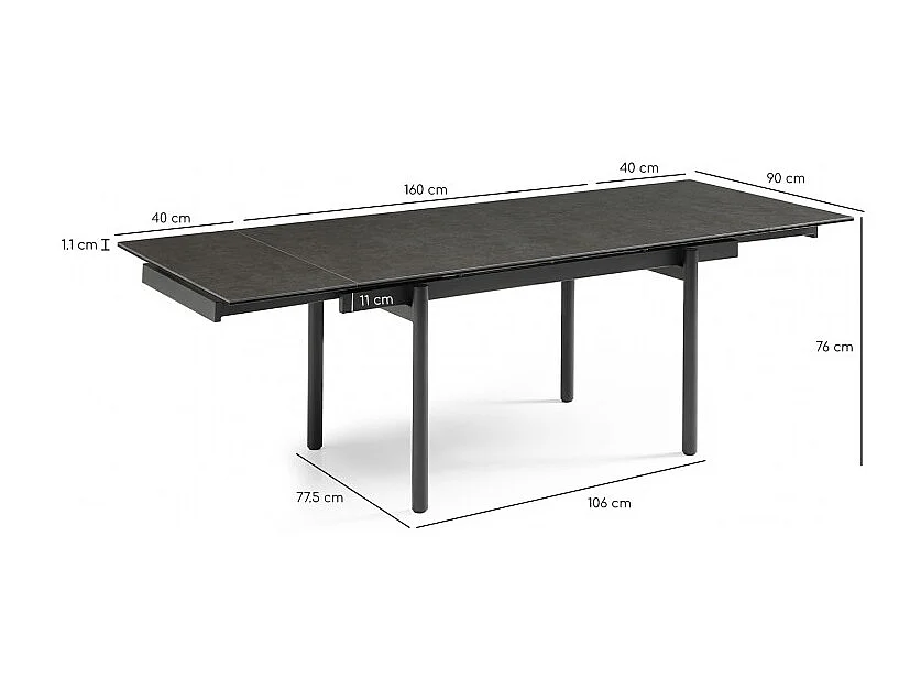 Table extensible 160/240 cm céramique gris foncé pieds droits - UTAH 09
