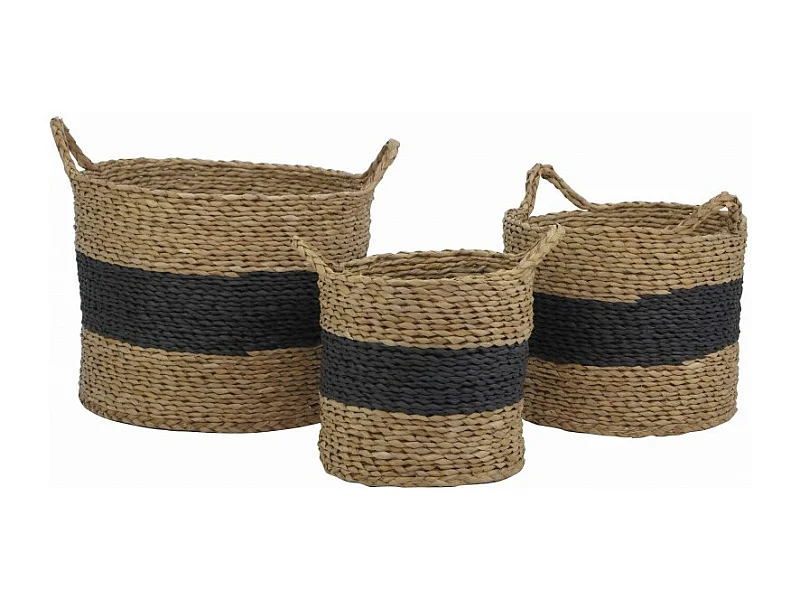 Lot 3 panières noir et marron en fibre naturelle avec anses - CORDOU