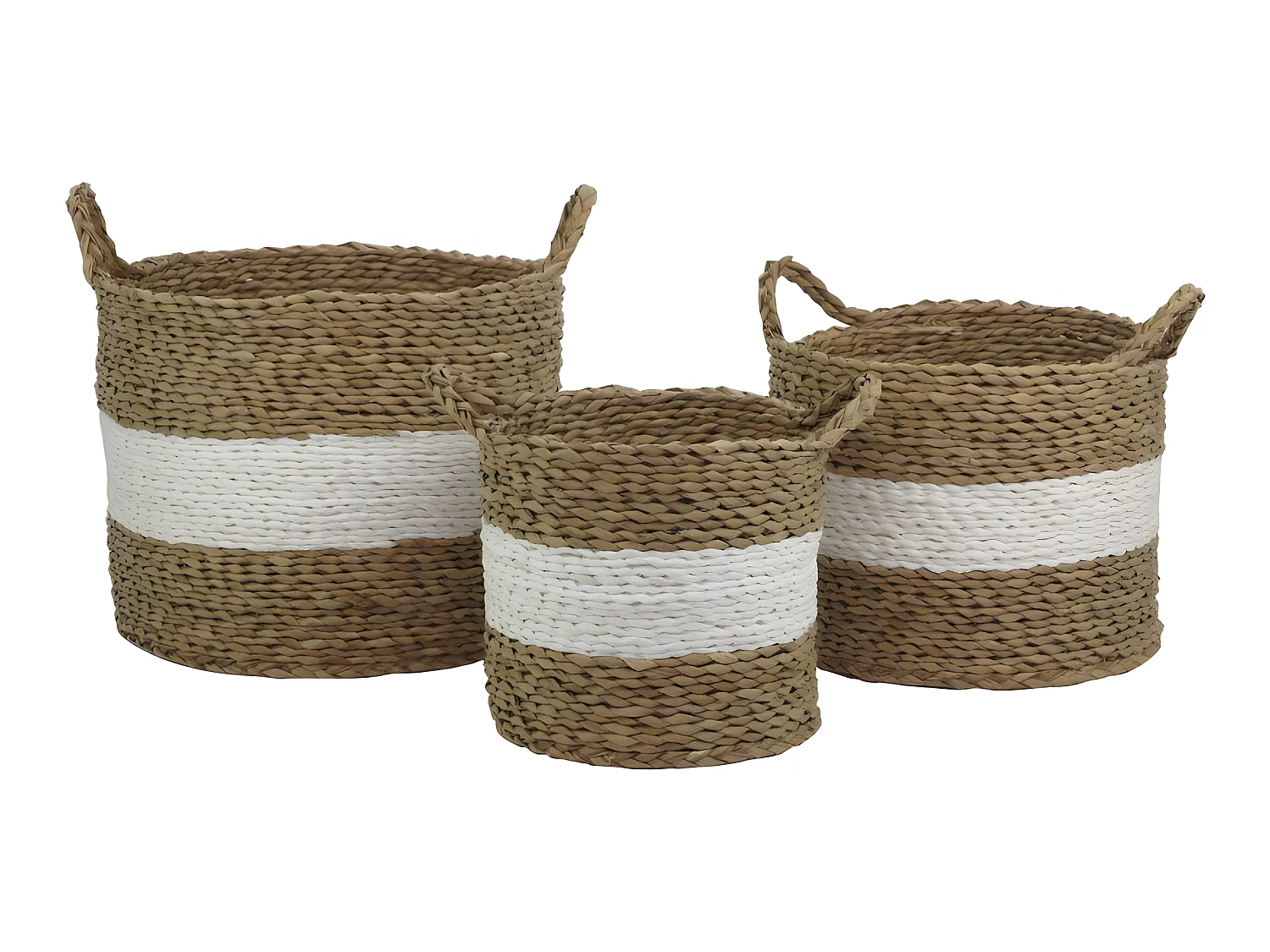 Lot 3 panières blanc et marron fibre naturelle avec anses - CORDOU
