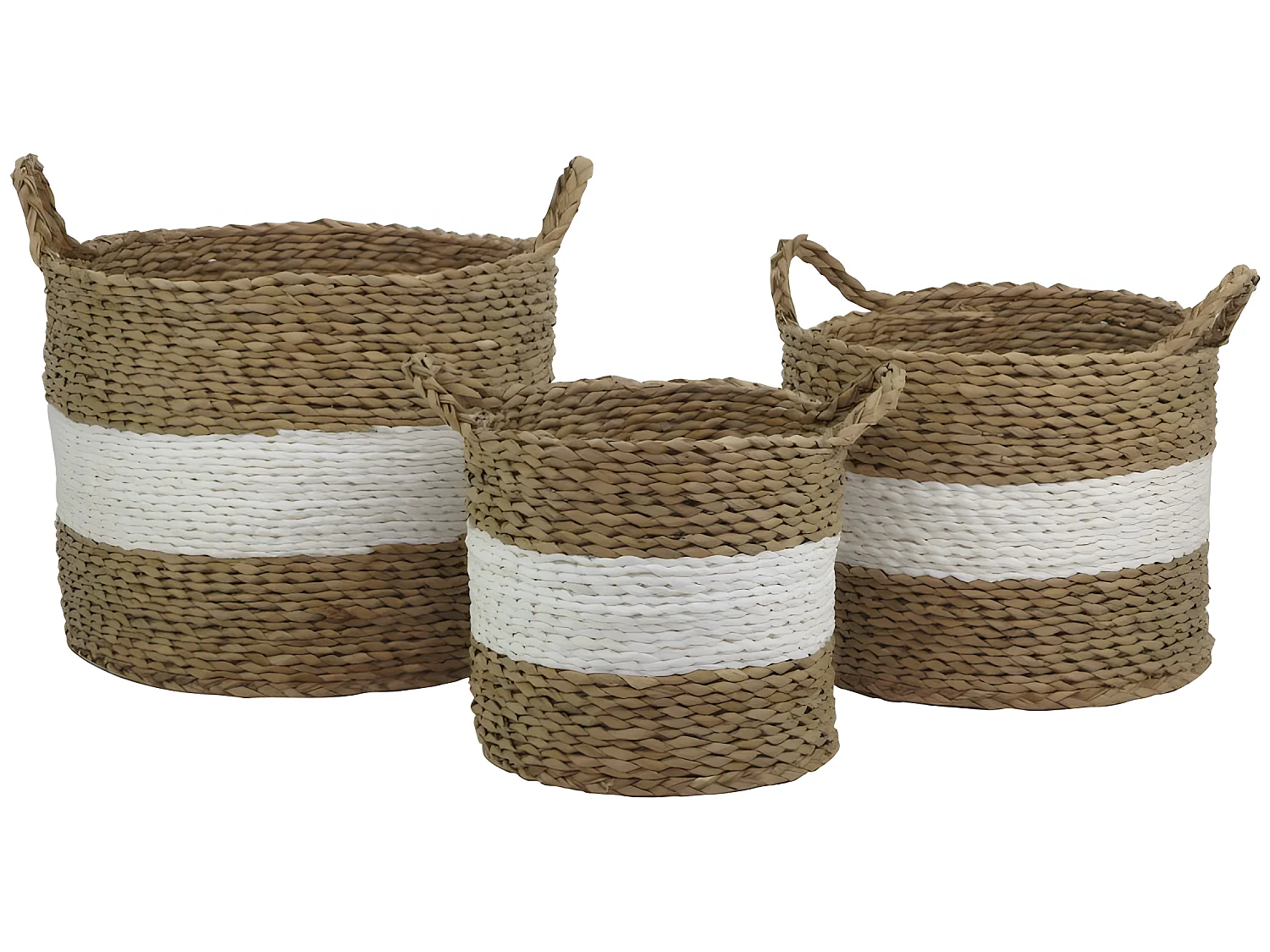 Lot 3 panières blanc et marron fibre naturelle avec anses - CORDOU