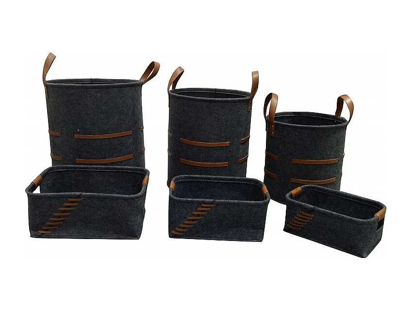 Lot de 6 corbeilles en feutre gris foncé avec anses - BASKET