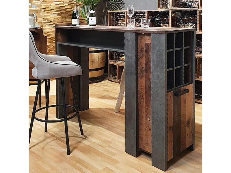 Table de bar 1 porte 9 niches décor bois vieilli et béton gris - BUCK