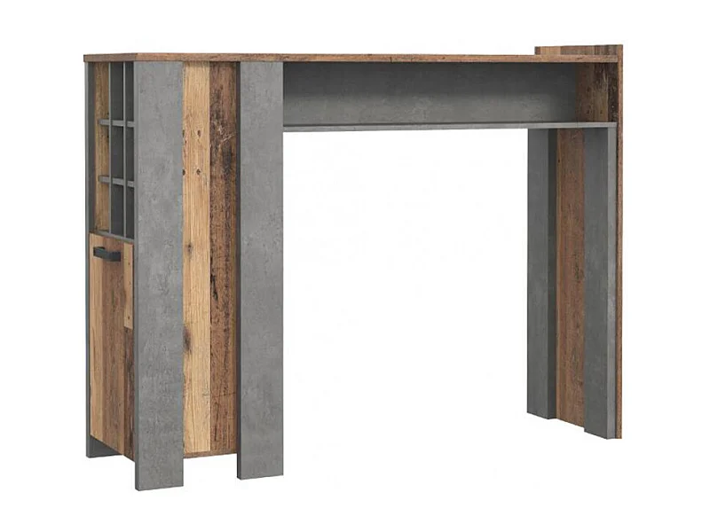 Table de bar 1 porte 9 niches décor bois vieilli et béton gris - BUCK