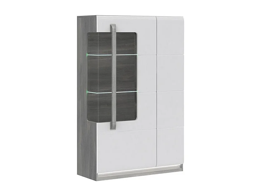 Vitrine 139 cm 2 portes blanc laqué et décor chêne gris - ALEXIANE