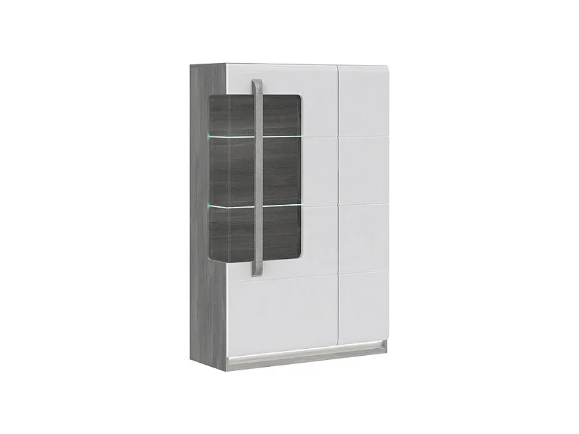 Vitrine 139 cm 2 portes blanc laqué et décor chêne gris - ALEXIANE