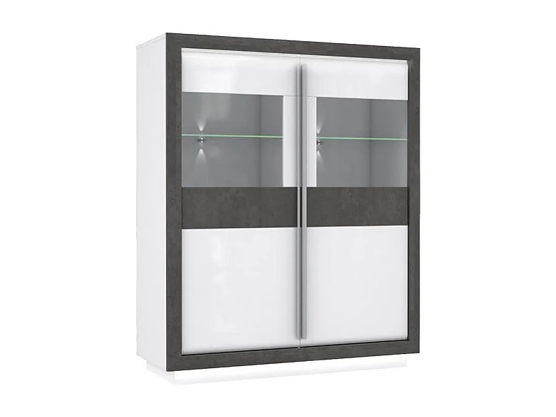 Armoire vitrine 2 portes blanc laqué décor gris béton et LED - CALVI