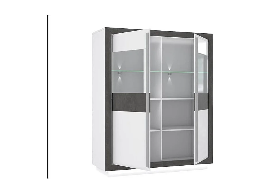 Armoire vitrine 2 portes blanc laqué décor gris béton et LED - CALVI