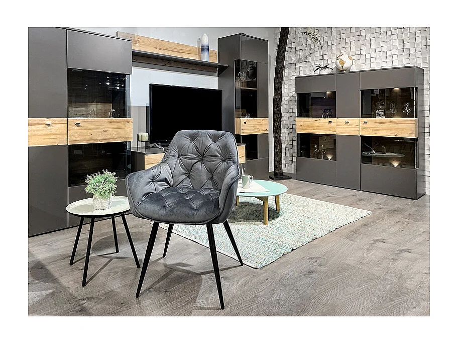 Armoire vitrine 150 cm 3 portes décor bois clair et gris - MARBELLA