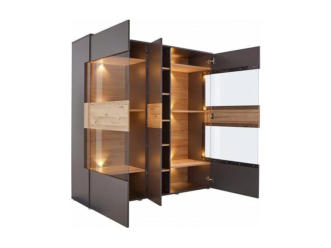 Armoire vitrine 150 cm 3 portes décor bois clair et gris - MARBELLA