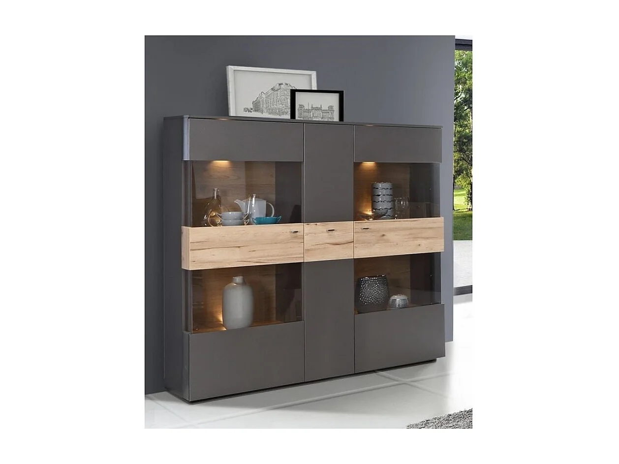 Armoire vitrine 150 cm 3 portes décor bois clair et gris - MARBELLA