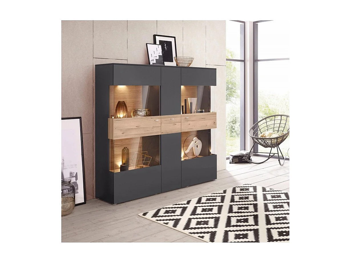 Armoire vitrine 150 cm 3 portes décor bois clair et gris - MARBELLA