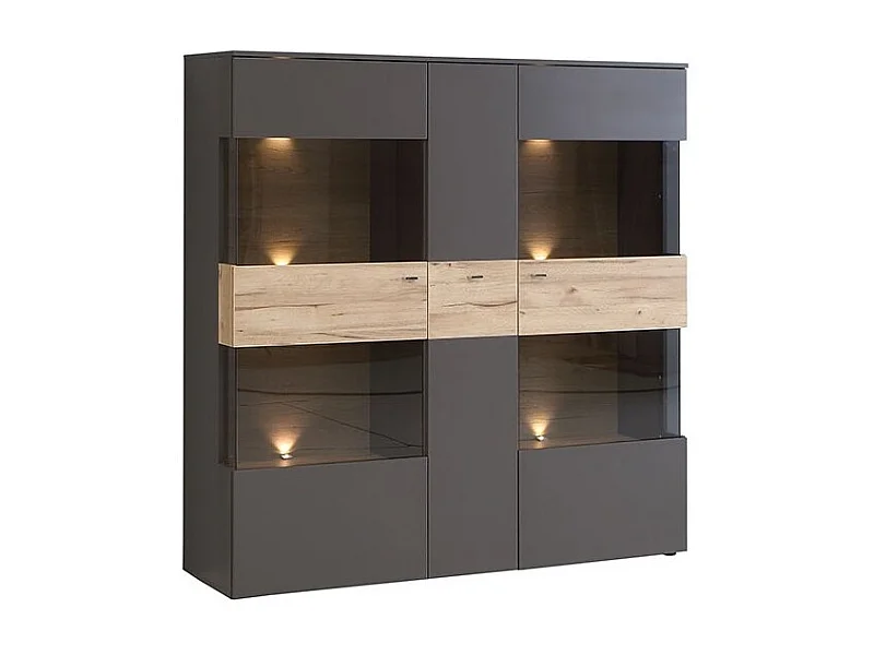 Armoire vitrine 150 cm 3 portes décor bois clair et gris - MARBELLA