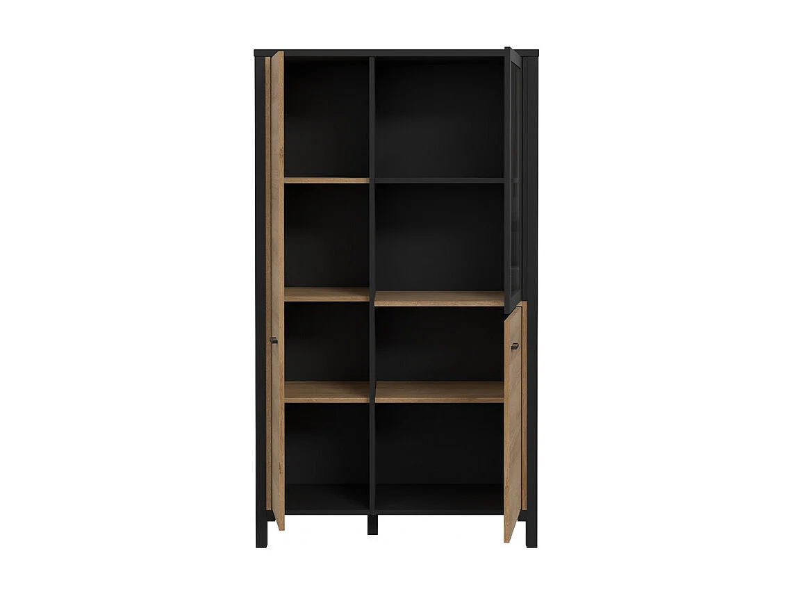 Vitrine 152 cm 3 portes décor bois chêne et noir avec poignées - MODE