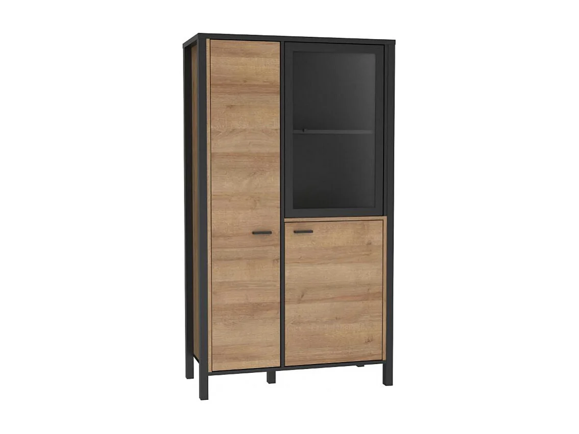 Vitrine 152 cm 3 portes décor bois chêne et noir avec poignées - MODE