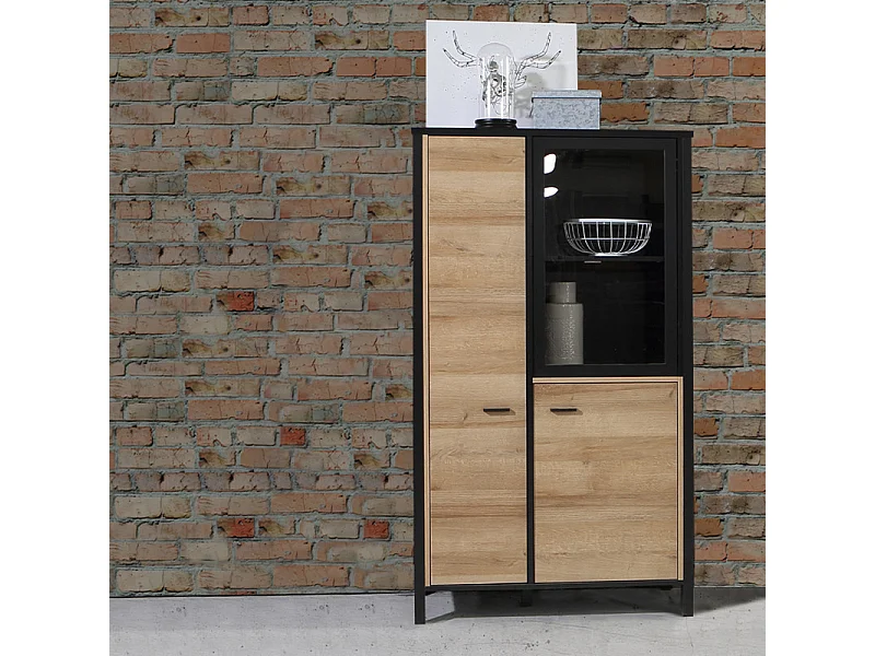 Vitrine 152 cm 3 portes décor bois chêne et noir avec poignées - MODE