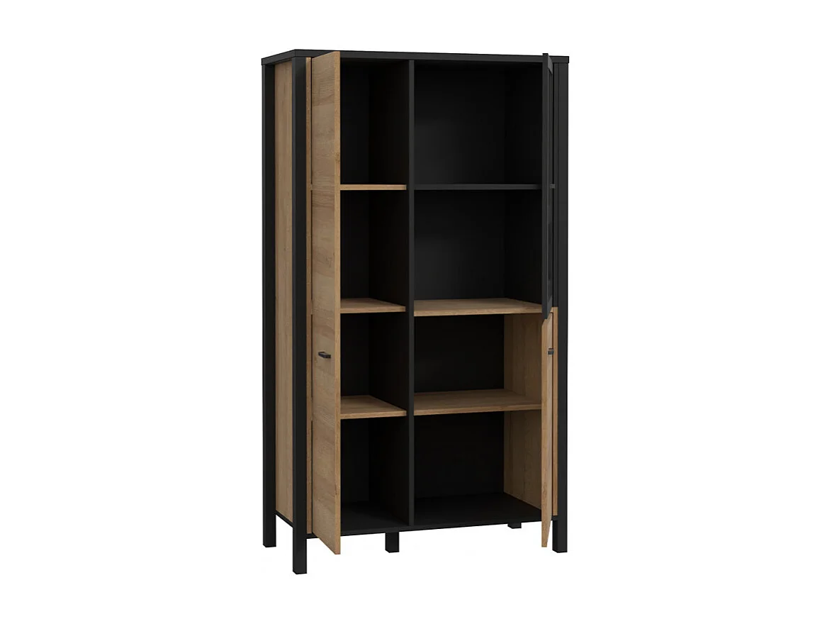 Vitrine 152 cm 3 portes décor bois chêne et noir avec poignées - MODE