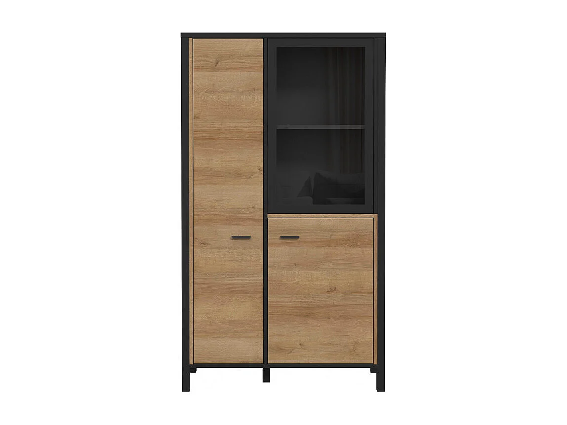 Vitrine 152 cm 3 portes décor bois chêne et noir avec poignées - MODE