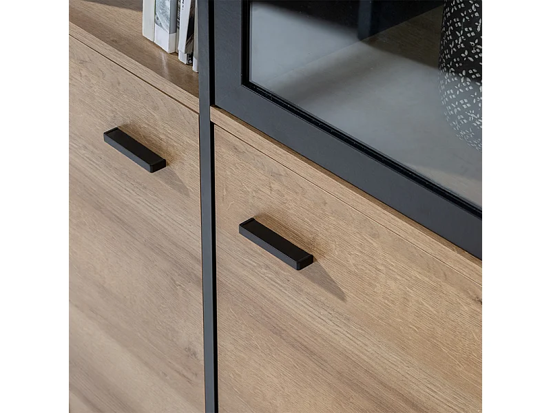 Vitrine 152 cm 3 portes décor bois chêne et noir avec poignées - MODE