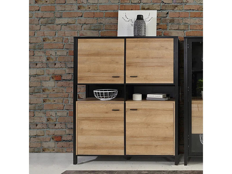 Vaisselier 121 cm 4 portes 2 niches décor bois de chêne et noir - MODE