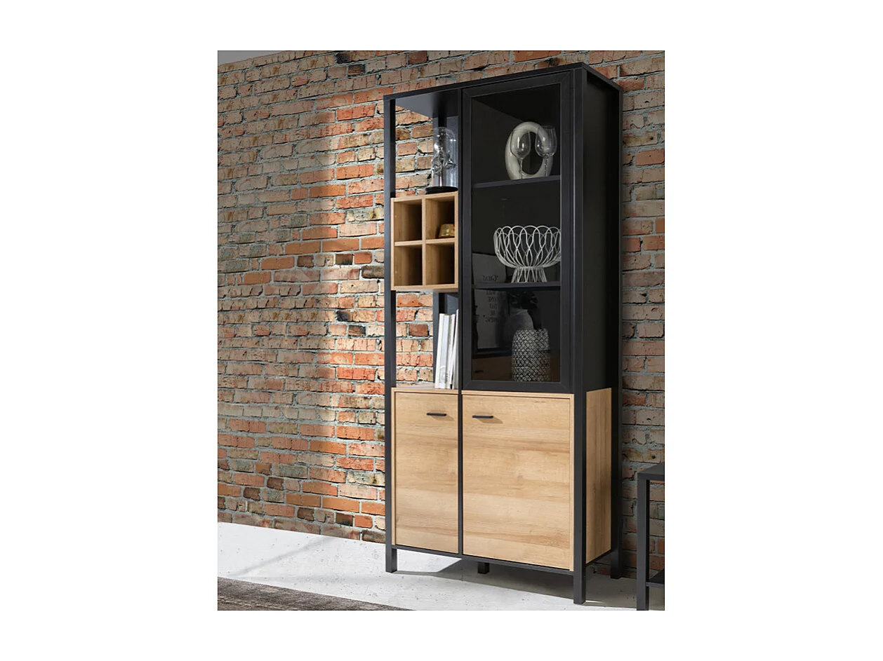 Vitrine 194 cm 3 portes 4 casiers décor bois de chêne et noir - MODE