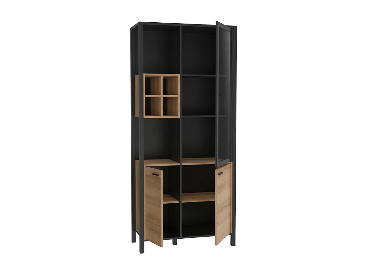 Vitrine 194 cm 3 portes 4 casiers décor bois de chêne et noir - MODE