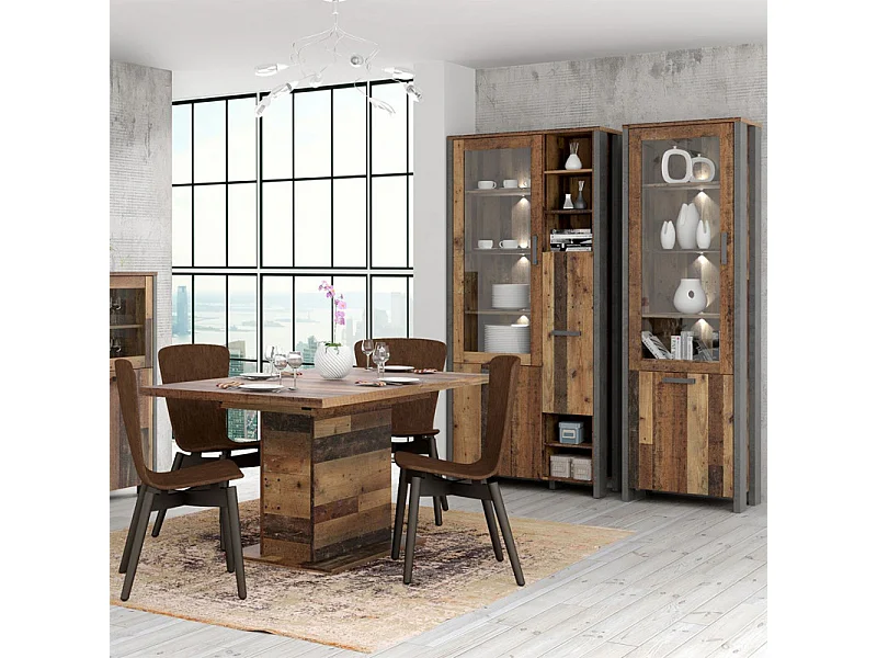 Vitrine 3 portes et 14 niches effet bois vieilli et béton gris - BUCK