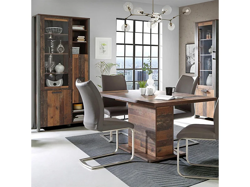 Vitrine 3 portes et 14 niches effet bois vieilli et béton gris - BUCK