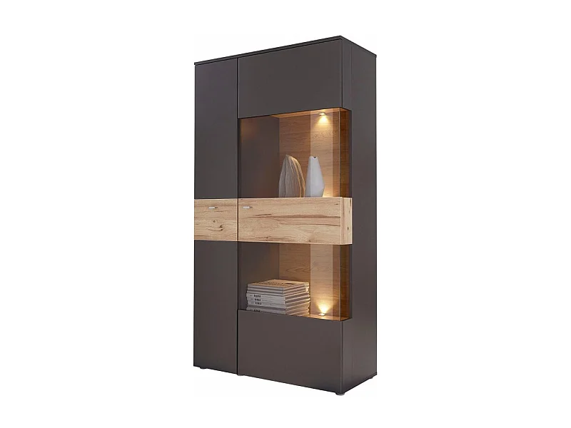 Armoire vitrée 2 portes ouverture droite décor bois et gris - MARBELLA