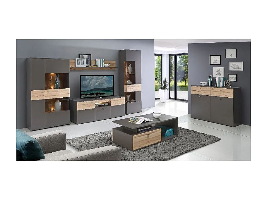 Armoire vitrée 2 portes ouverture droite décor bois et gris - MARBELLA