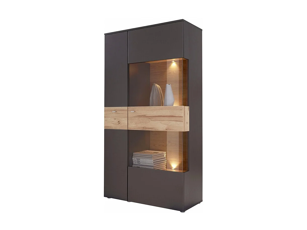 Armoire vitrée 2 portes ouverture droite décor bois et gris - MARBELLA