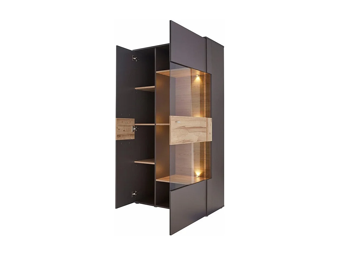 Armoire vitrée 2 portes ouverture droite décor bois et gris - MARBELLA