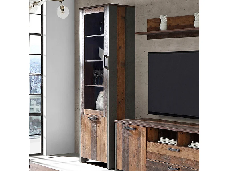 Vitrine 2 portes et 6 niches effet bois vieilli et béton gris - BUCK