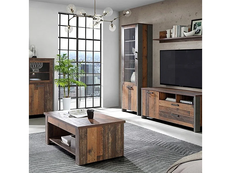 Vitrine 2 portes et 6 niches effet bois vieilli et béton gris - BUCK