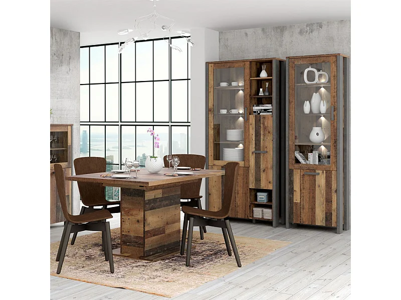 Vitrine 2 portes et 6 niches effet bois vieilli et béton gris - BUCK