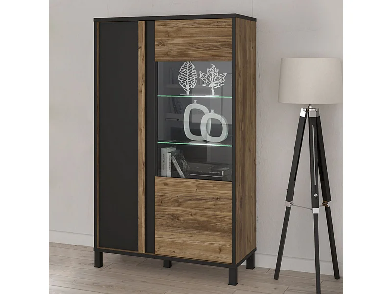 Vitrine 159 cm 2 portes décor bois et noir et pieds noir - CELIA