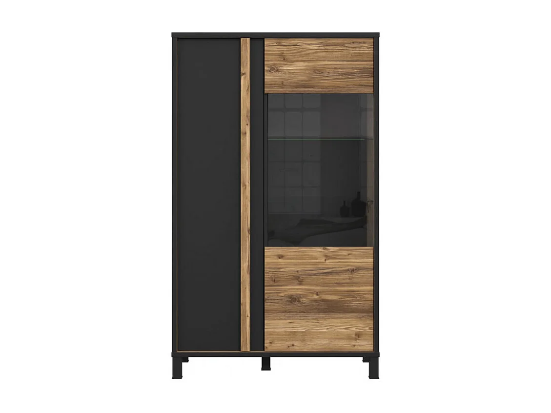 Vitrine 159 cm 2 portes décor bois et noir et pieds noir - CELIA