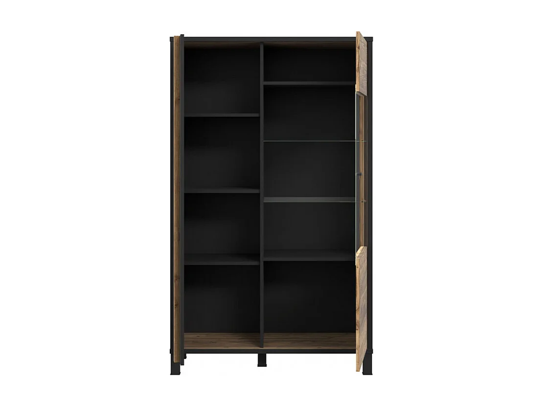 Vitrine 159 cm 2 portes décor bois et noir et pieds noir - CELIA