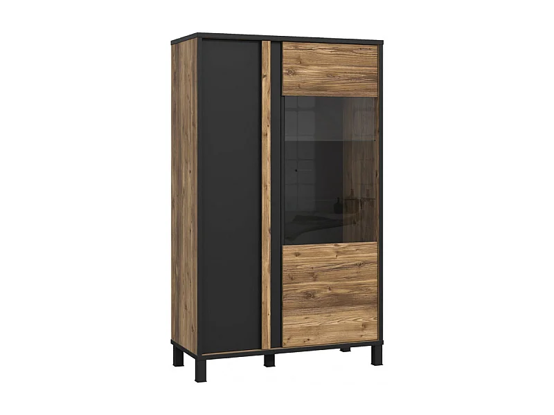 Vitrine 159 cm 2 portes décor bois et noir et pieds noir - CELIA