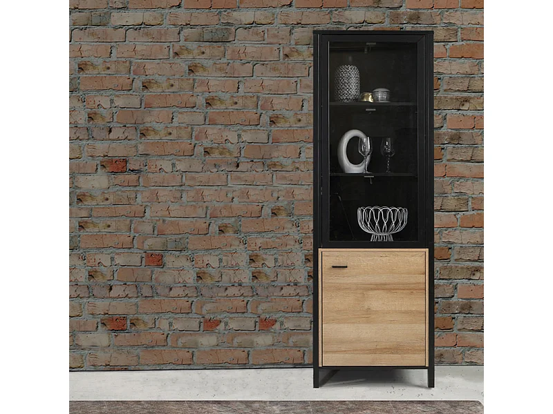 Vitrine réversible 194 cm 2 portes décor bois de chêne et noir - MODE