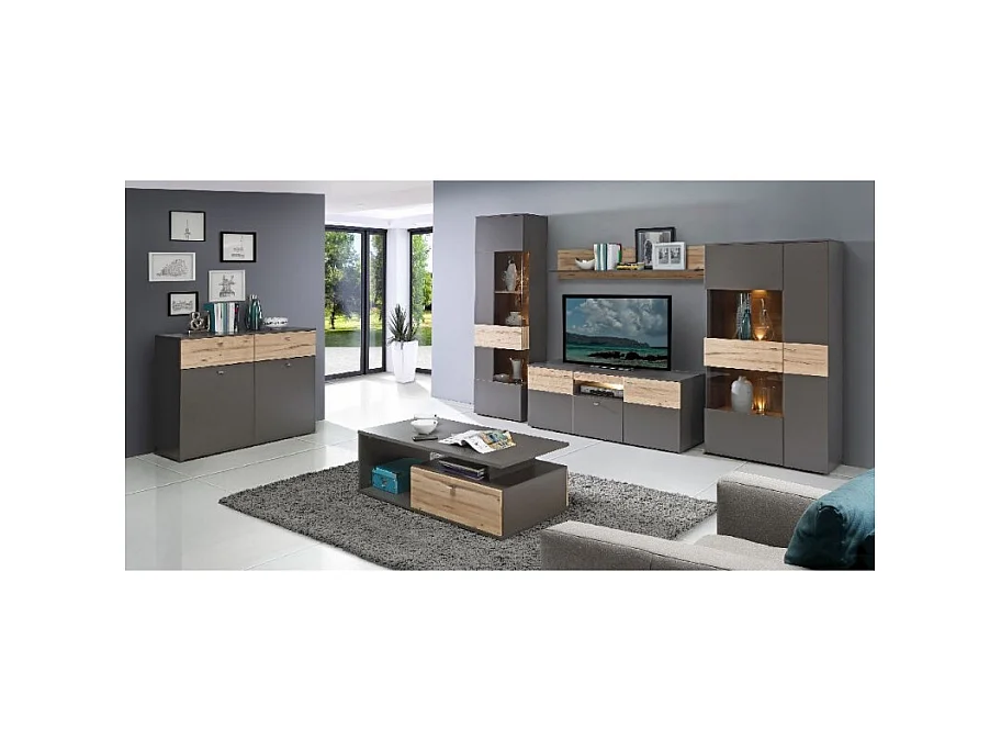 Armoire vitrée 2 portes ouverture gauche décor bois et gris - MARBELLA