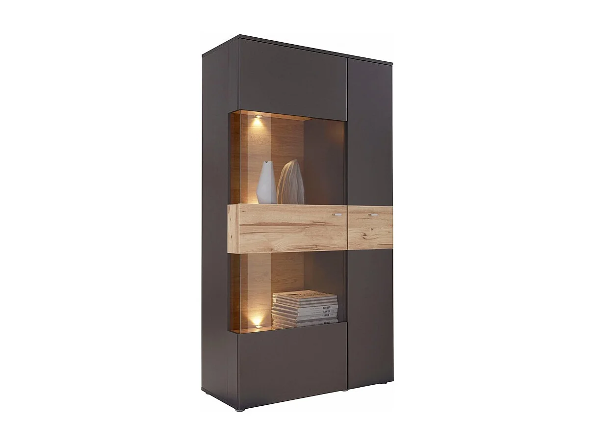 Armoire vitrée 2 portes ouverture gauche décor bois et gris - MARBELLA