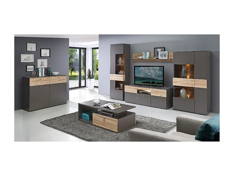 Armoire vitrée 2 portes ouverture gauche décor bois et gris - MARBELLA