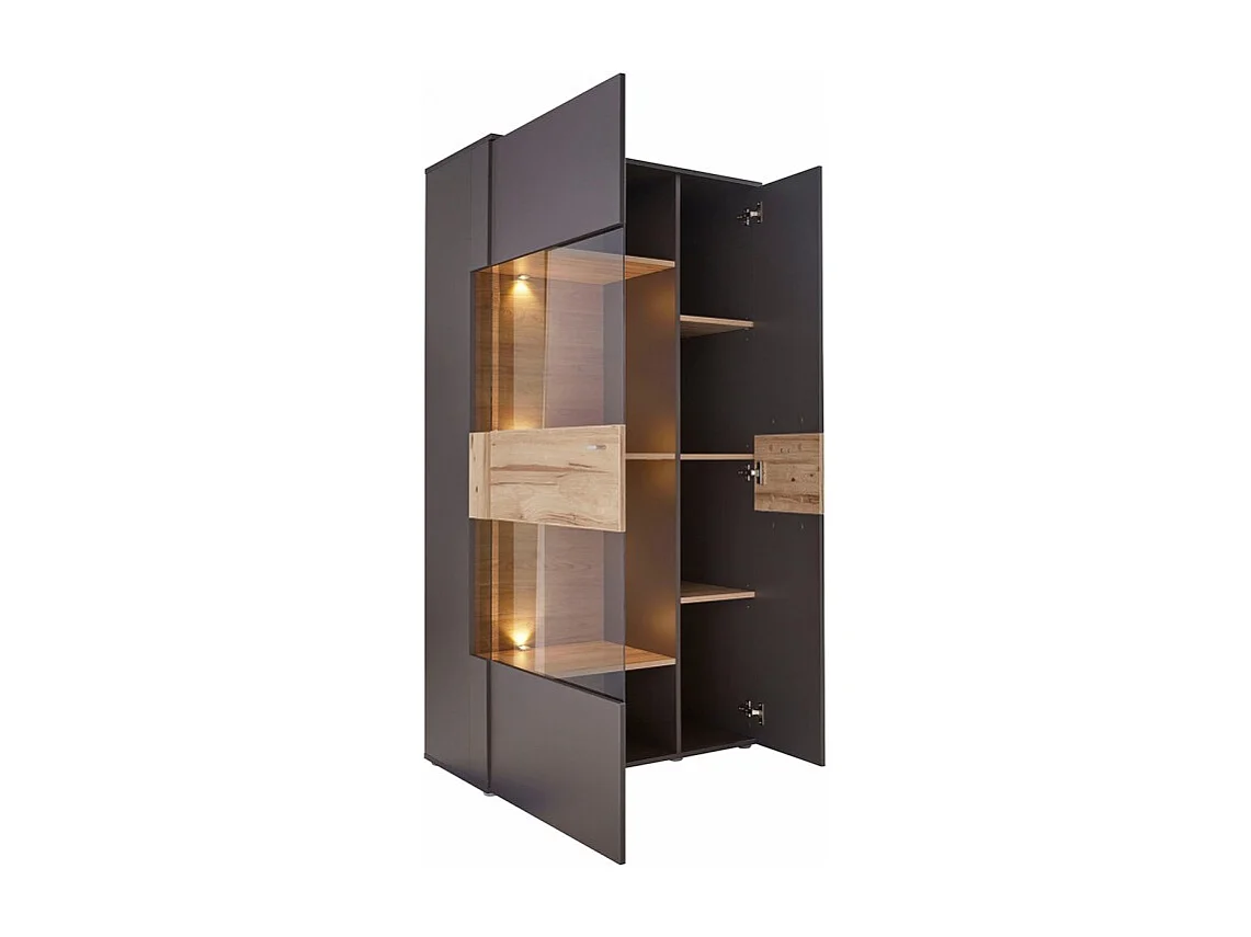 Armoire vitrée 2 portes ouverture gauche décor bois et gris - MARBELLA